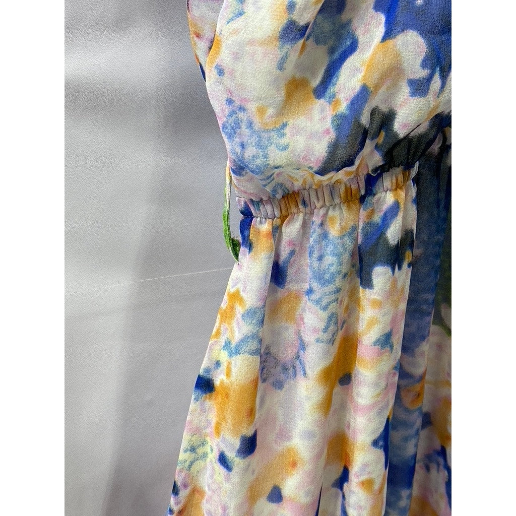 SHENDEL Women's Blue-Orange Floral Surplice Sleeveless Knee Length Dress SZ US10