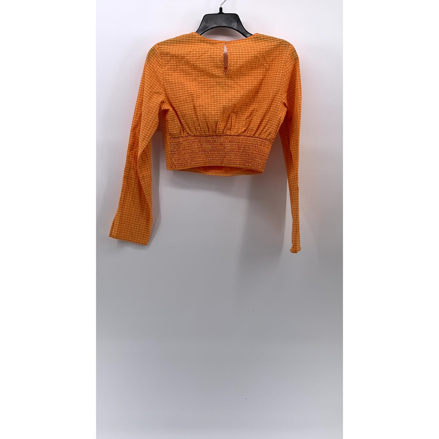 BERSHKA Women's Orange-White Gingham Long Sleeve V-Neck Cutout Cropped Top SZ S