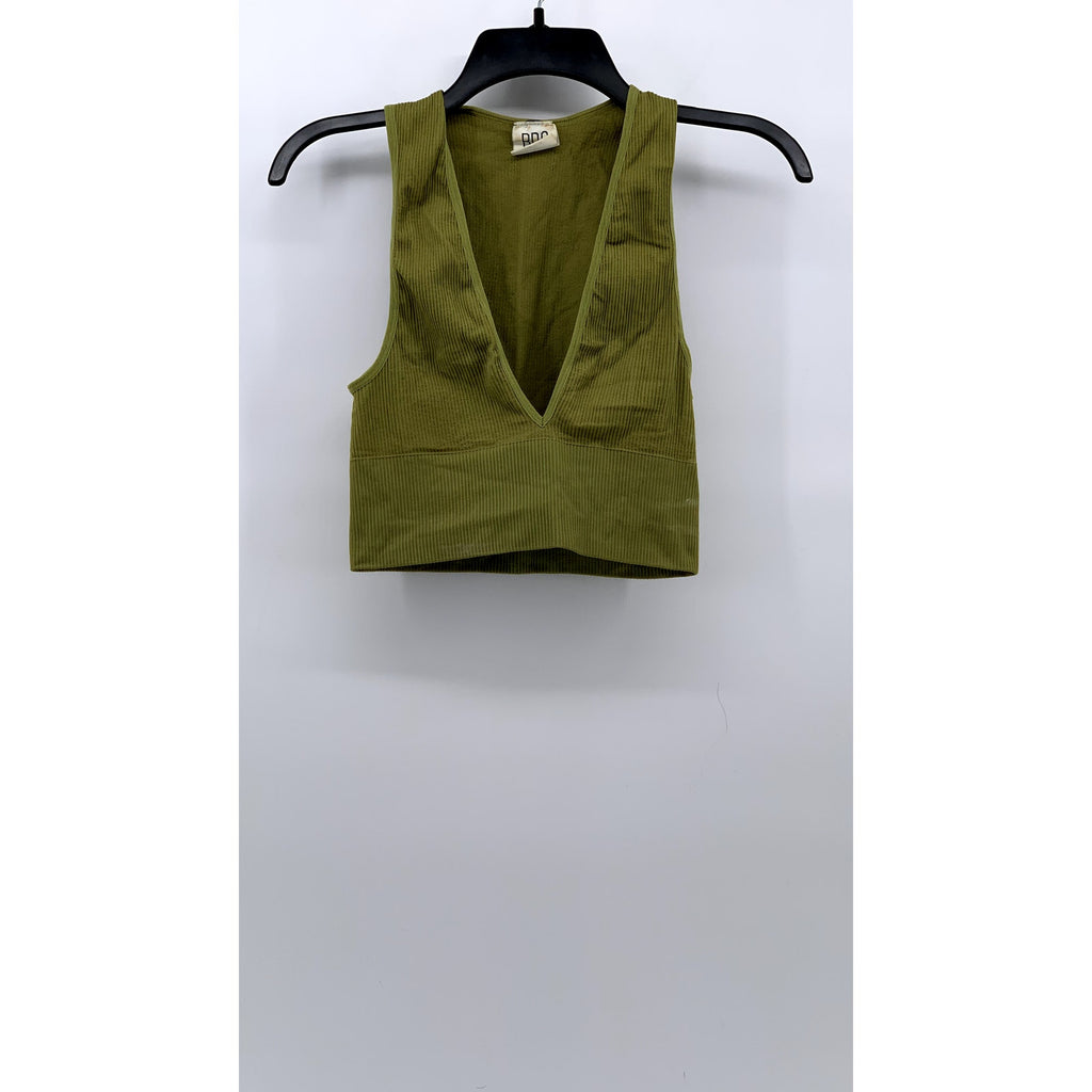 BDG Women's Olive Green Ribbed Seamless Plunging V-Neck Cropped Tank Top SZ S