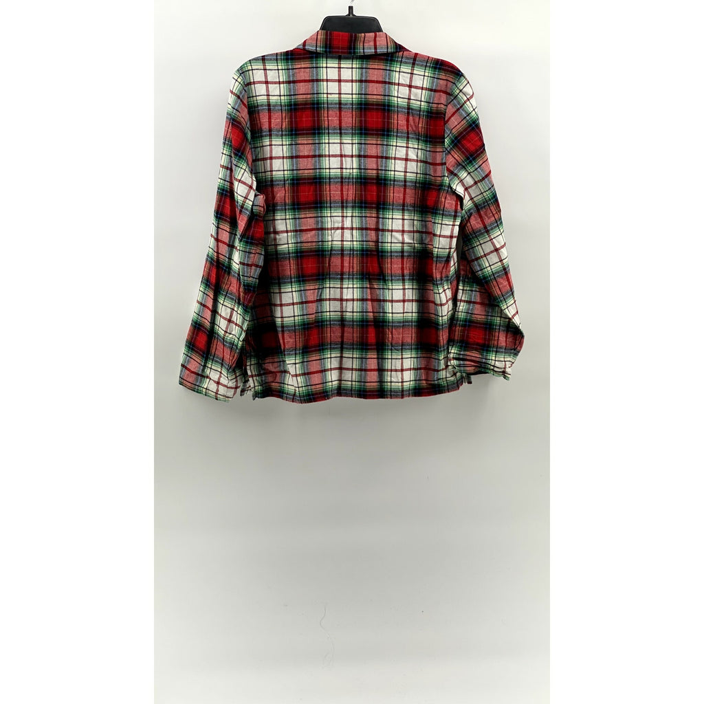 HOLIDAY LANE Women's Green-Red-White Plaid Flannel Button-Up Pajama Top SZ S