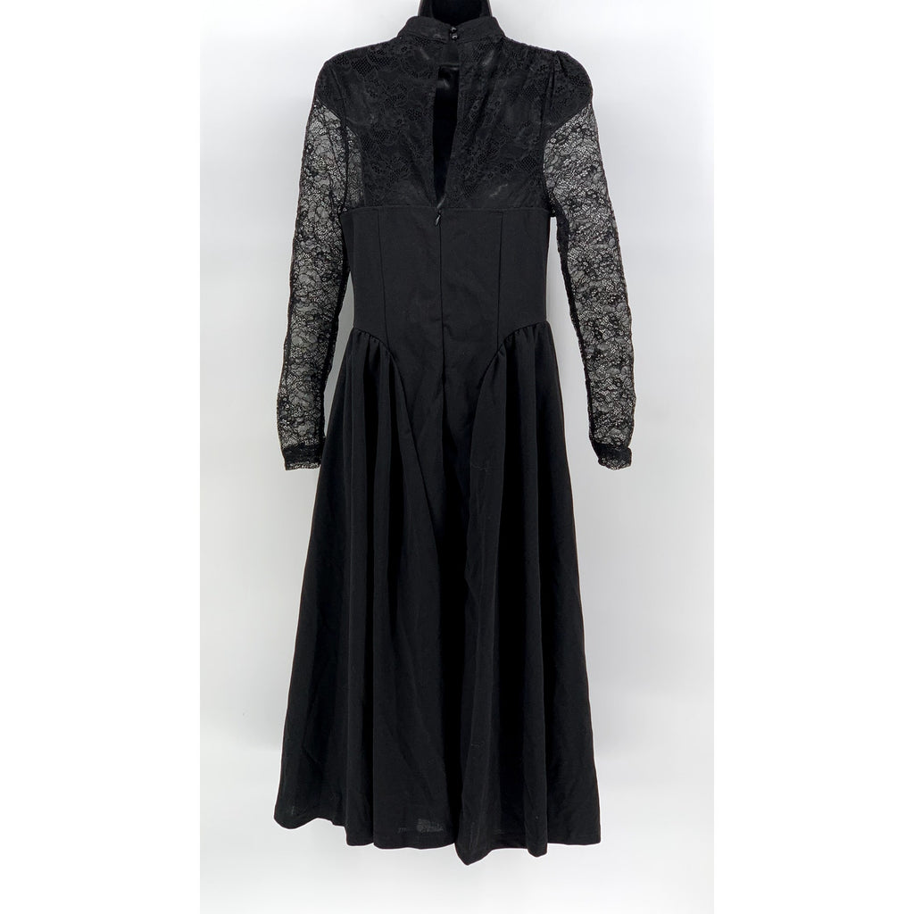 SHEIN Women's Black Lace-Trim Long Sleeve Maxi Dress SZ 6
