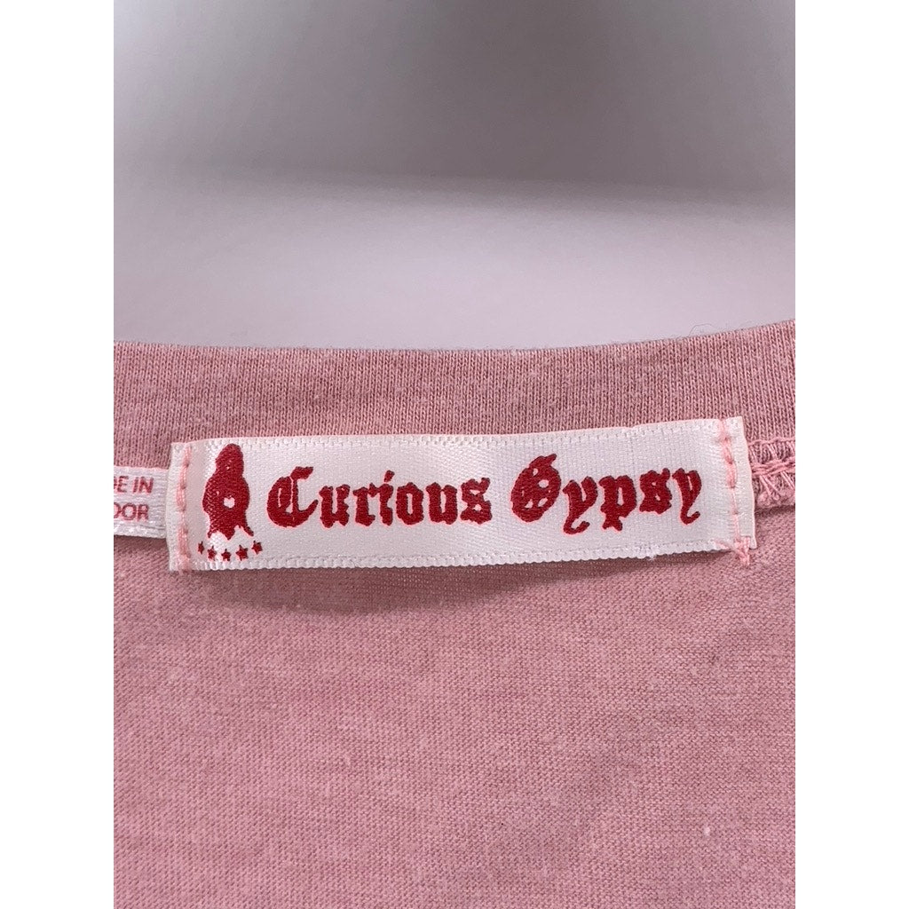 CURIOUS GYPSY Women's Pink V-Neck Short Sleeve T-Shirt SZ M