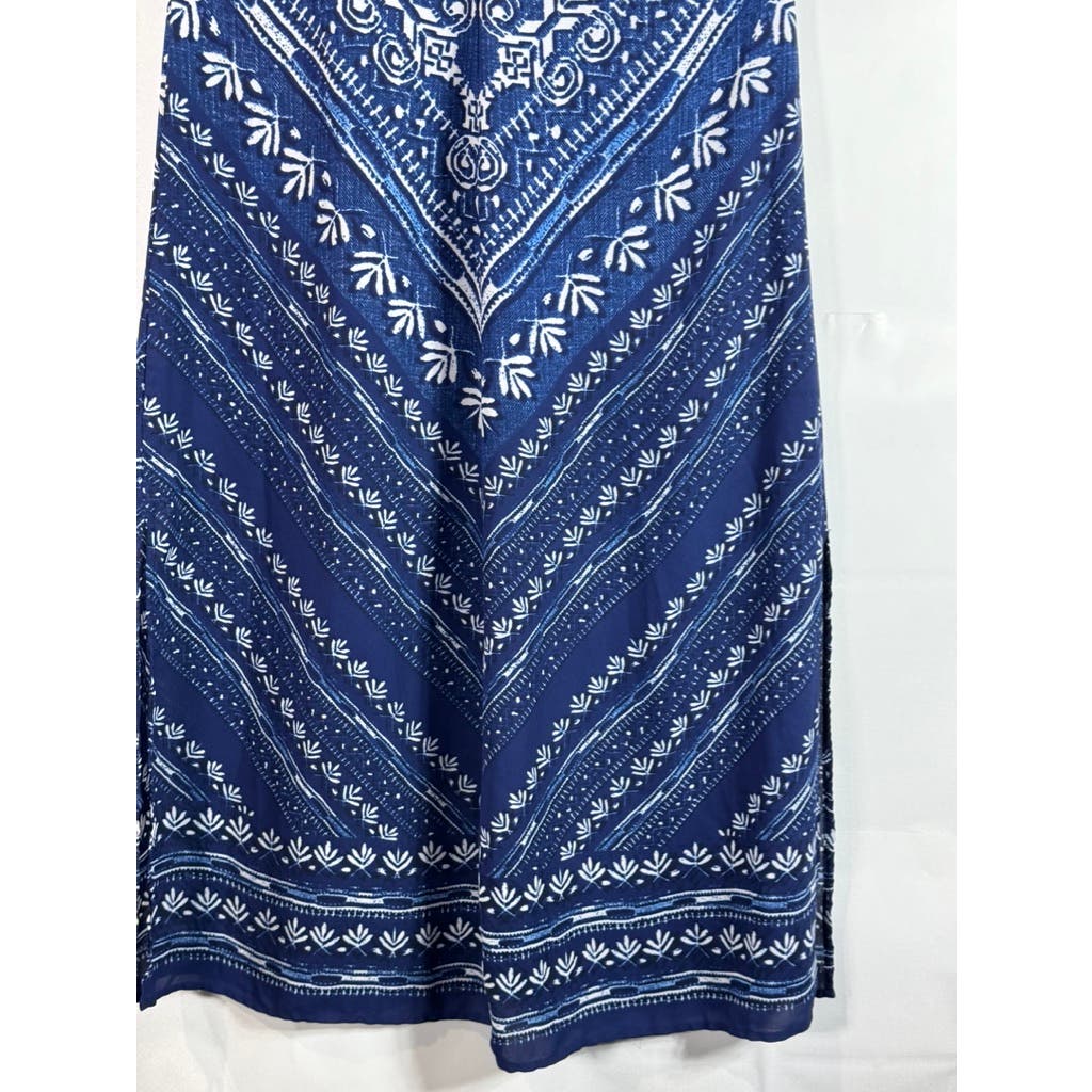 LAUNDRY BY DESIGN Women's Blue Printed Lace-Up V-Neck Pullover Maxi Dress SZ 4