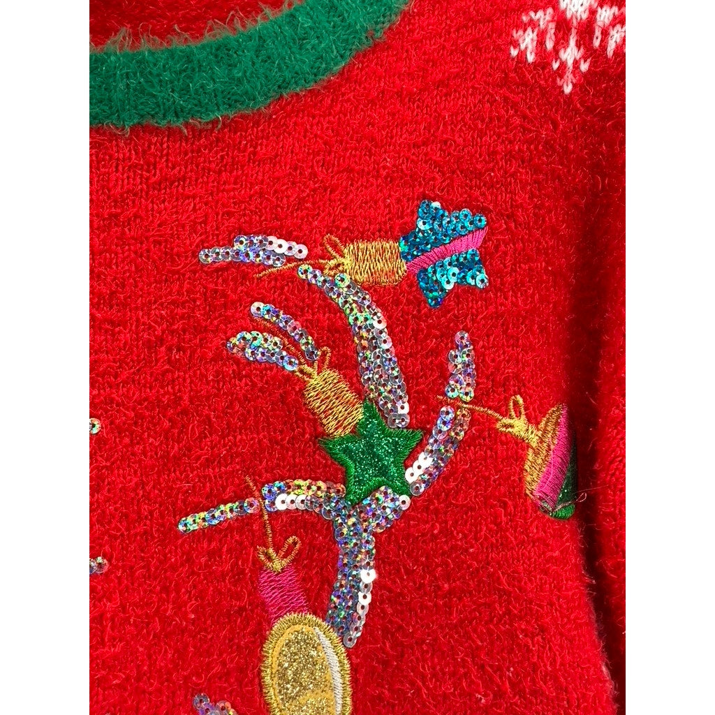 HOLIDAY TIME Girls' Plus Red-Green Faux-Fur Reindeer Knit Sweater SZ L(10/12)
