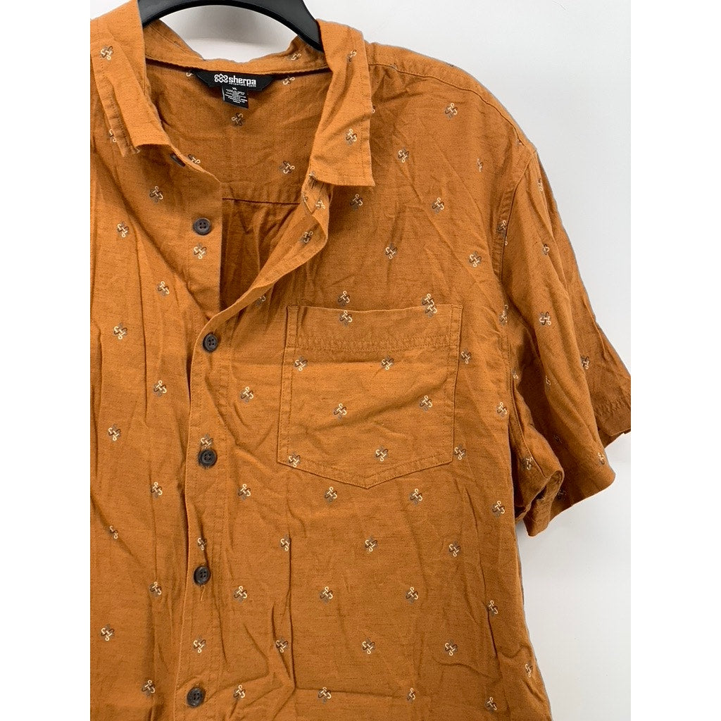 SHERPA ADVENTURE GEAR Men's Orange Printed Short Sleeve Button-Up Shirt SZ XL