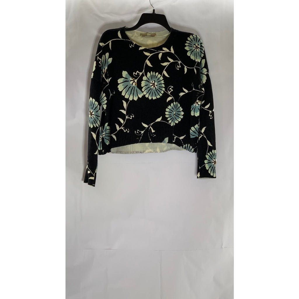LOFT Women's Black Floral Crewneck Long Sleeve Lightweight Sweater SZ S