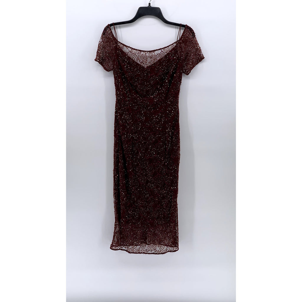 UNBRANDED Women's Burgundy Beaded Mesh Cold Shoulder Short Sleeve Dress SZ S