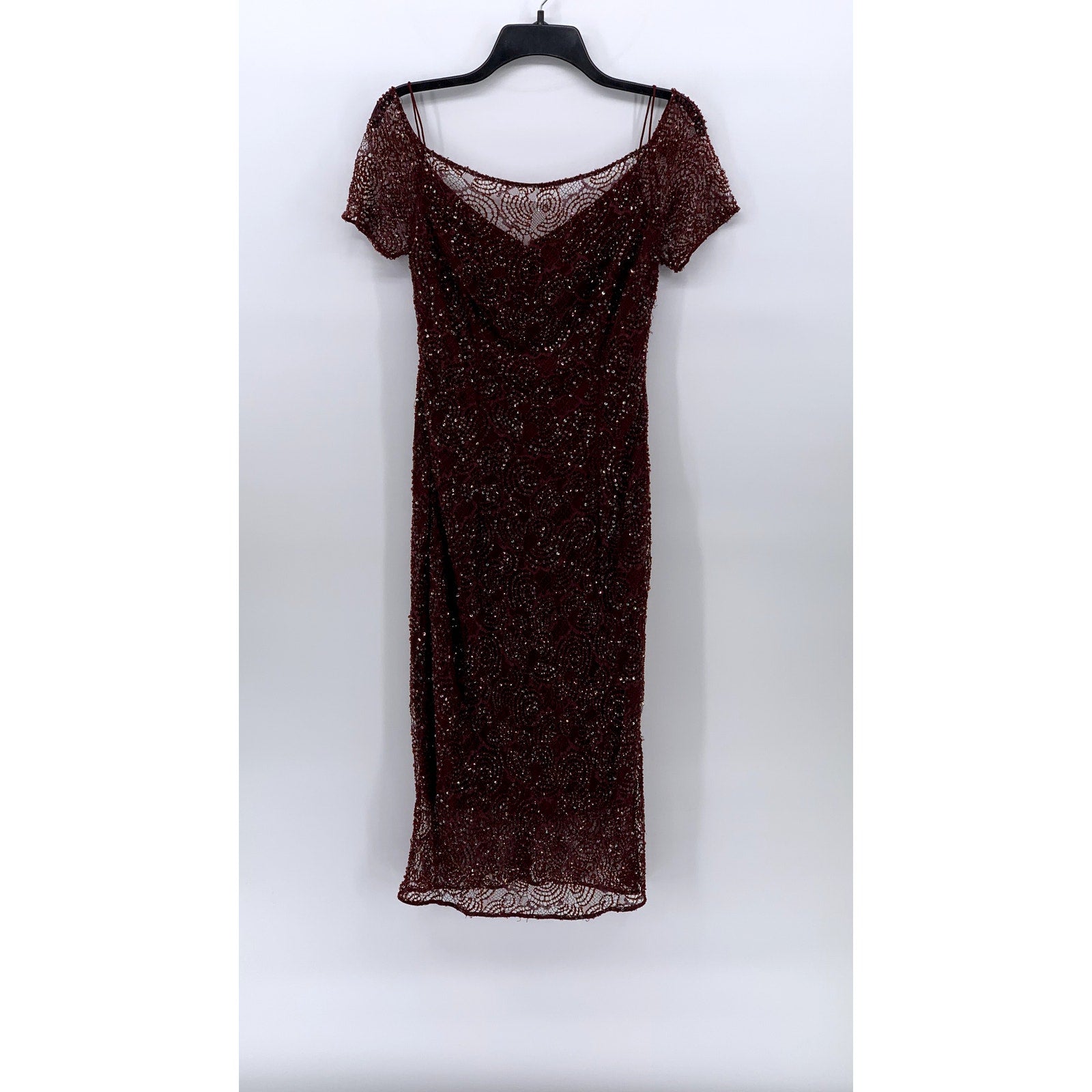 UNBRANDED Women's Burgundy Beaded Mesh Cold Shoulder Short Sleeve Dress SZ S