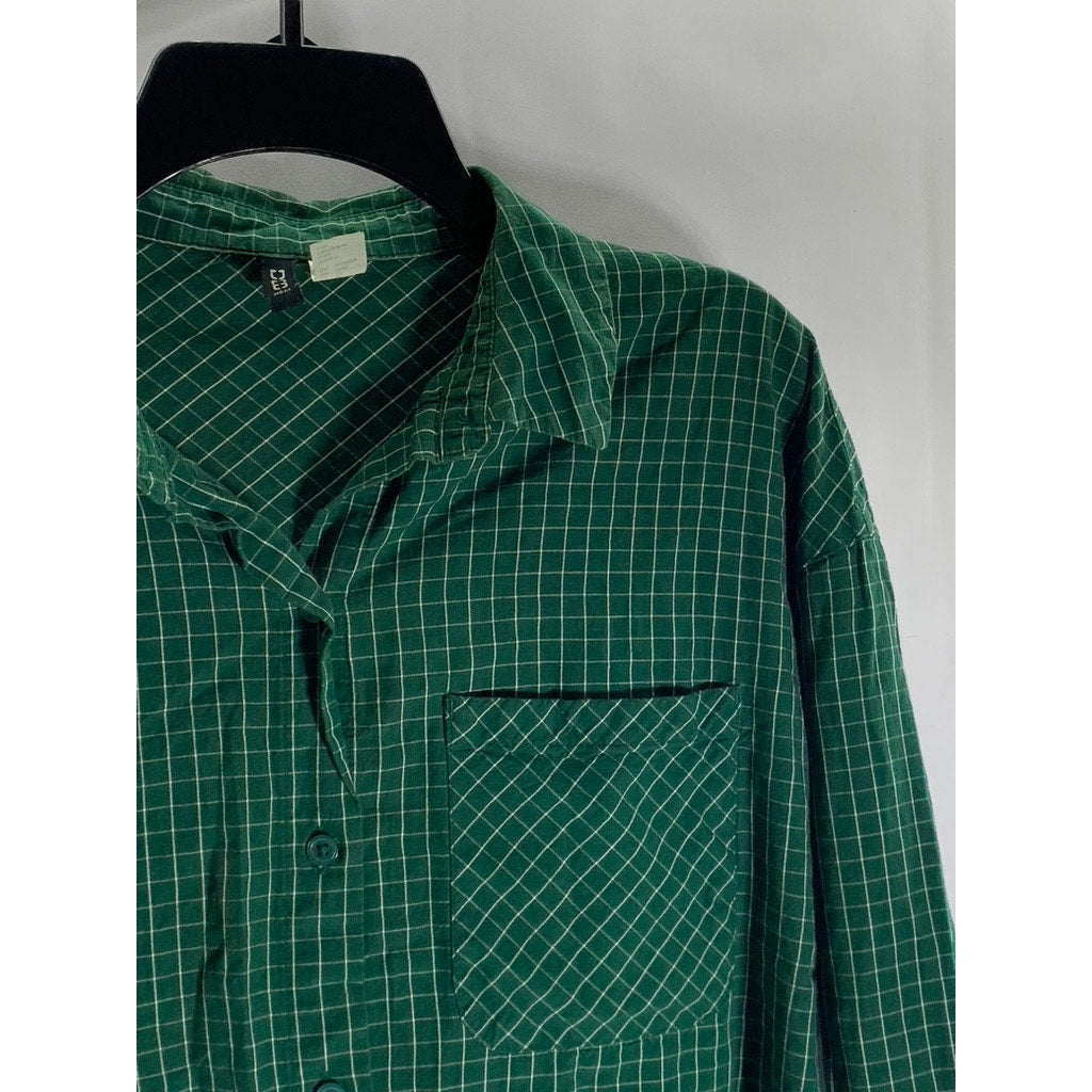 DIVIDED BY H&M Women's Dark Green Grid Check Button-Up Long Sleeve Top SZ XS