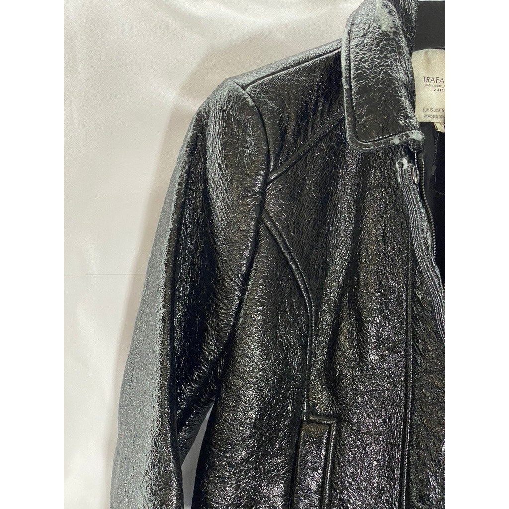 ZARA TRAFALUC Women's Black Faux-Leather Zip-Up Motorcycle Jacket SZ S