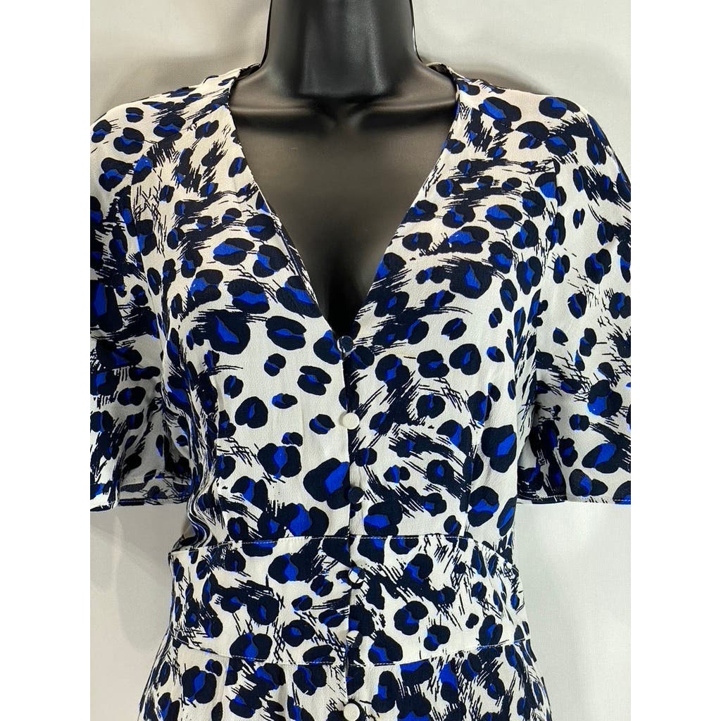 WHISTLES Women's Blue Brushed Leopard Button V-Neck Short Sleeve Dress SZ 8