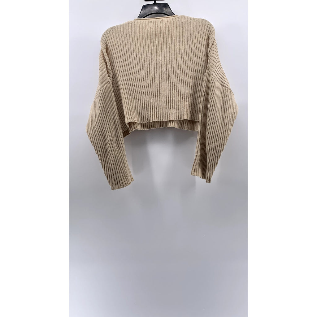 PULL&BEAR PACIFIC REPUBLIC Women's Tan Rib V-Neck Long Sleeve Cropped Top SZ XS
