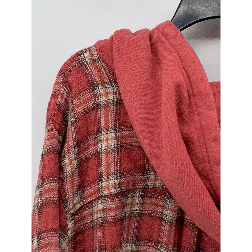 AMERICAN EAGLE Men's Red Plaid Button-Up Hooded Long Sleeve Sweater Shirt SZ L