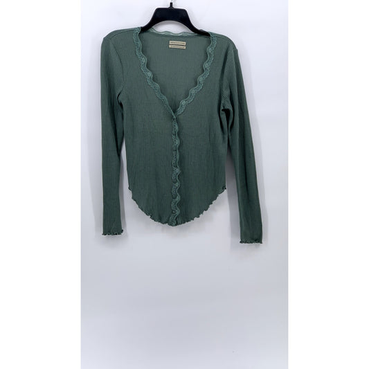 URBAN OUTFITTERS Women's Dusty Green Ribbed Lace-Trim Button-Down Top SZ M