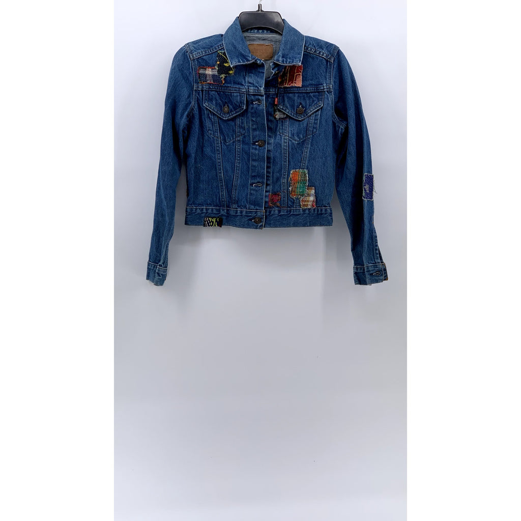 LEVI'S Women's Denim Blue Patchwork Button-Up Long Sleeve Trucker Jacket SZ S