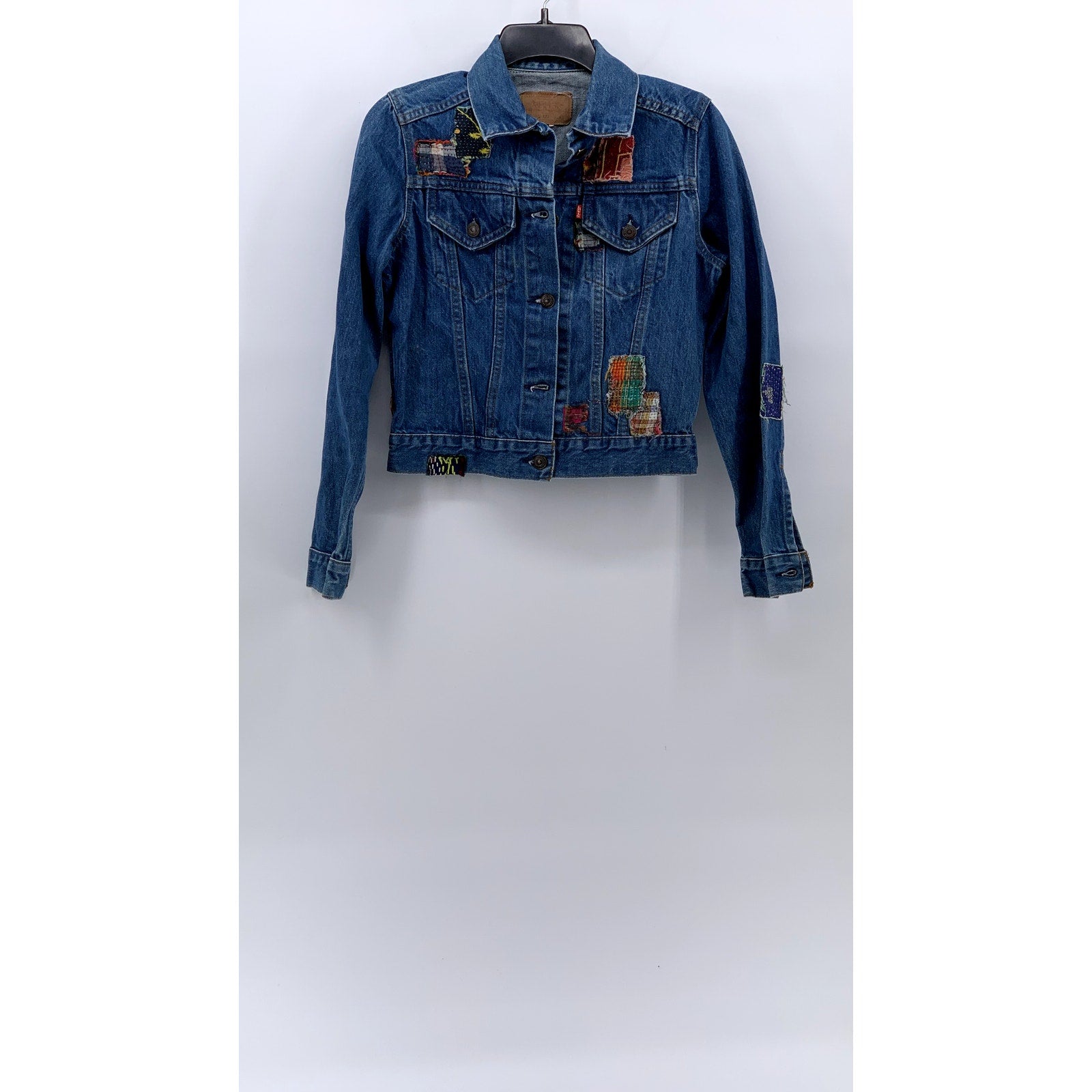 LEVI'S Women's Denim Blue Patchwork Button-Up Long Sleeve Trucker Jacket SZ S