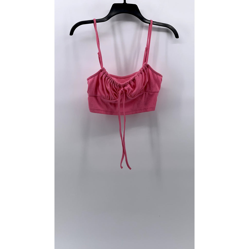 UNBRANDED Women's Pink Ribbed Ruched Spaghetti Strap Cropped Top SZ S