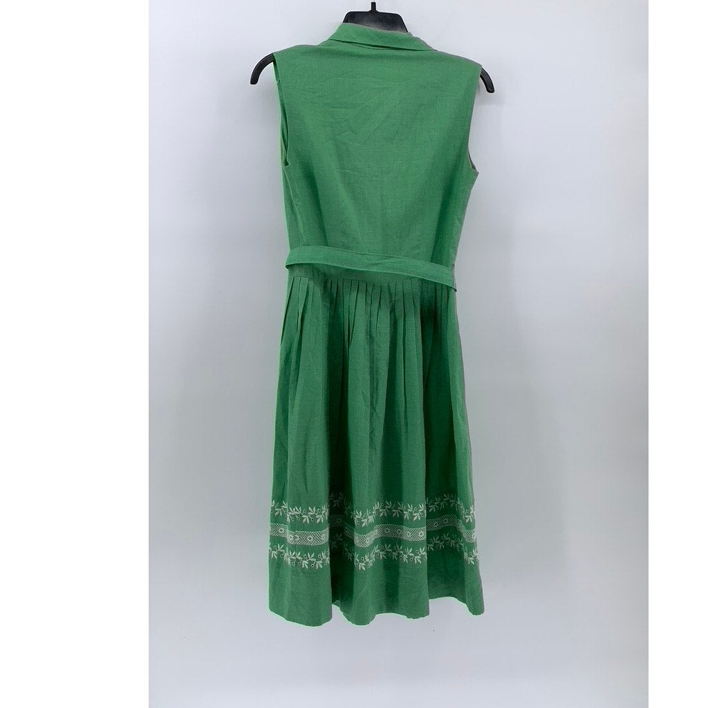 UNBRANDED Women's Green Knit Trim Sleeveless Belted Fit & Flare Midi Dress SZ 2