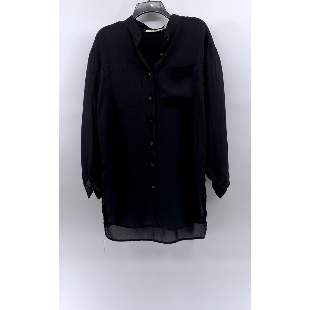 CHAUS Women's Black Sheer Button-Up Long Sleeve Tunic Top SZ 10