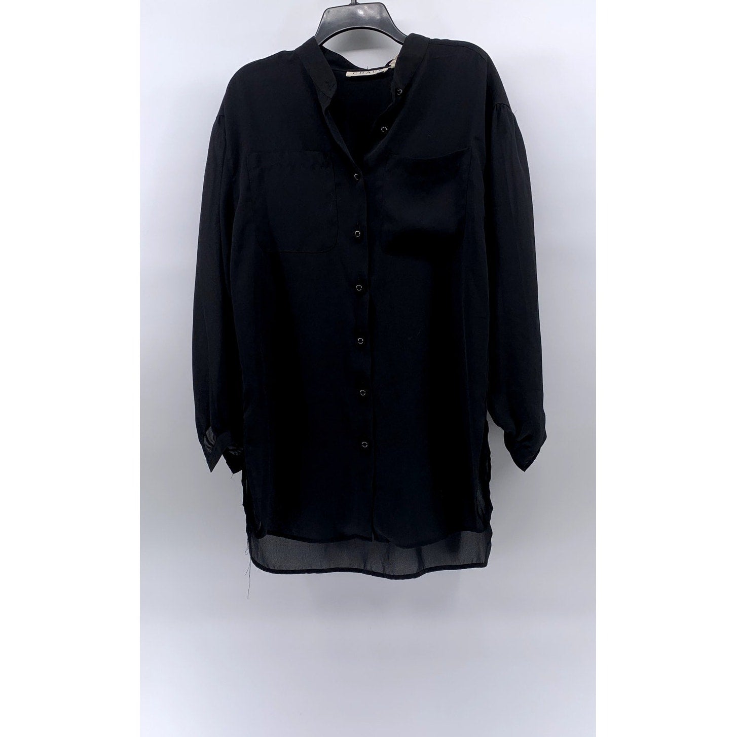 CHAUS Women's Black Sheer Button-Up Long Sleeve Tunic Top SZ 10