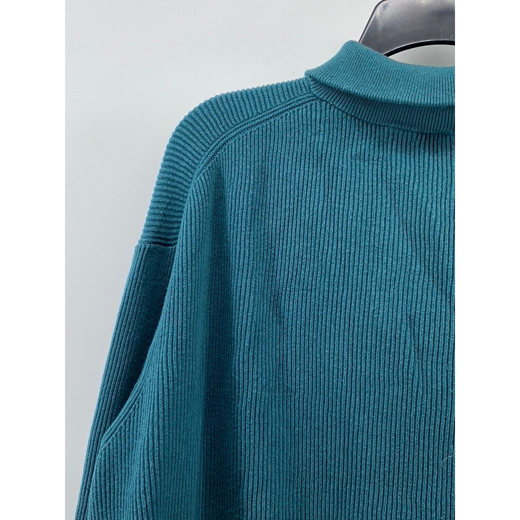 MUIJI Men's Blue-Green Ribbed Stand Collar Long Sleeve Zip-Up Cardigan SZ XL
