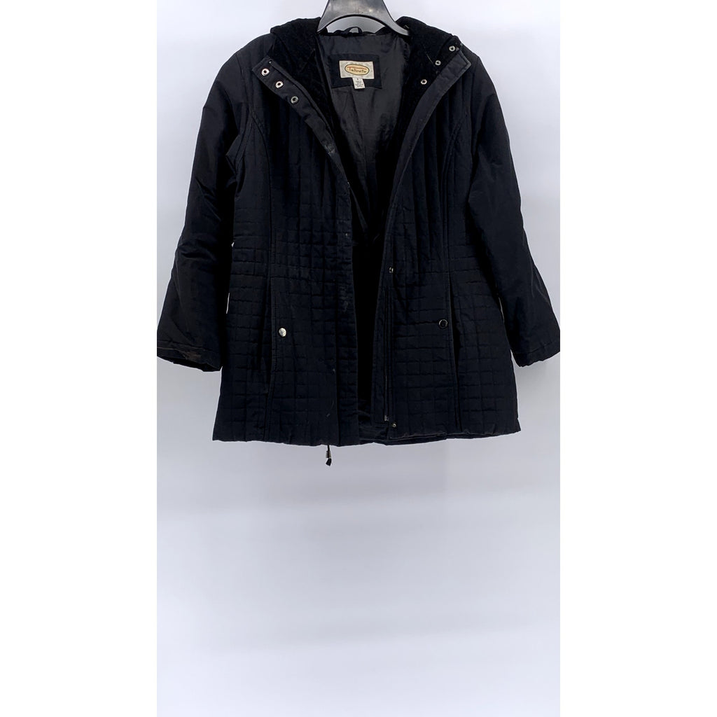 TALBOTS Women's Black Grid Velvet Trim Hooded Zip-Up Jacket SZ S