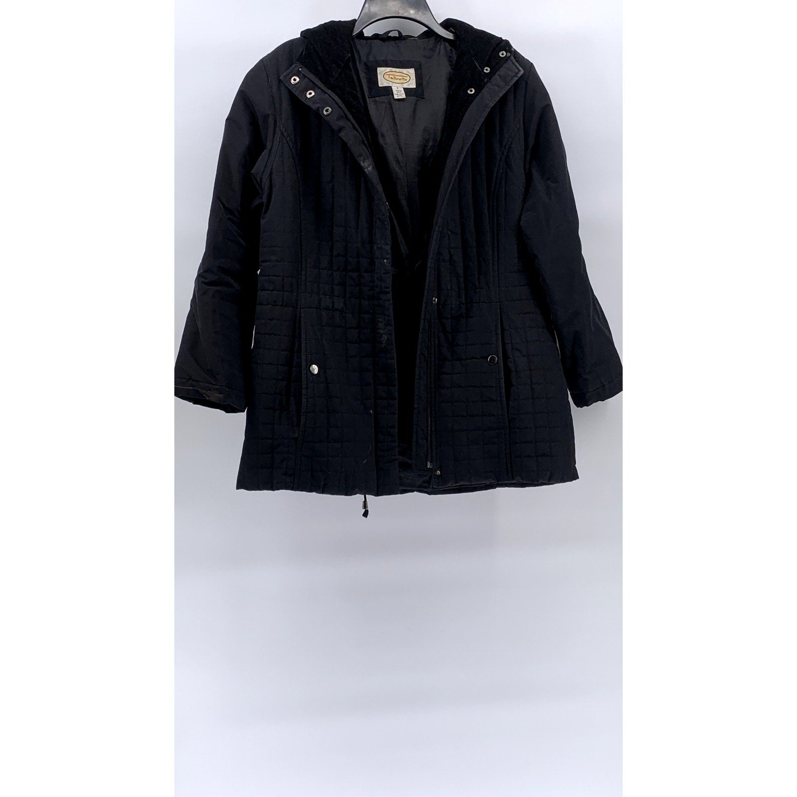 TALBOTS Women's Black Grid Velvet Trim Hooded Zip-Up Jacket SZ S