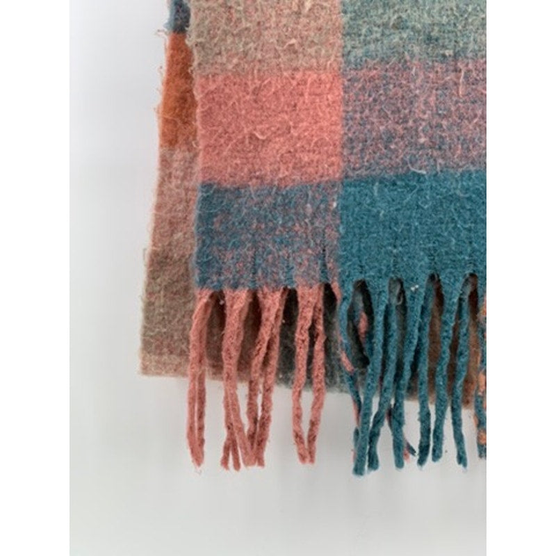 UNBRANDED Women's Peach-Blue Plaid Flannel Fringed Scarf