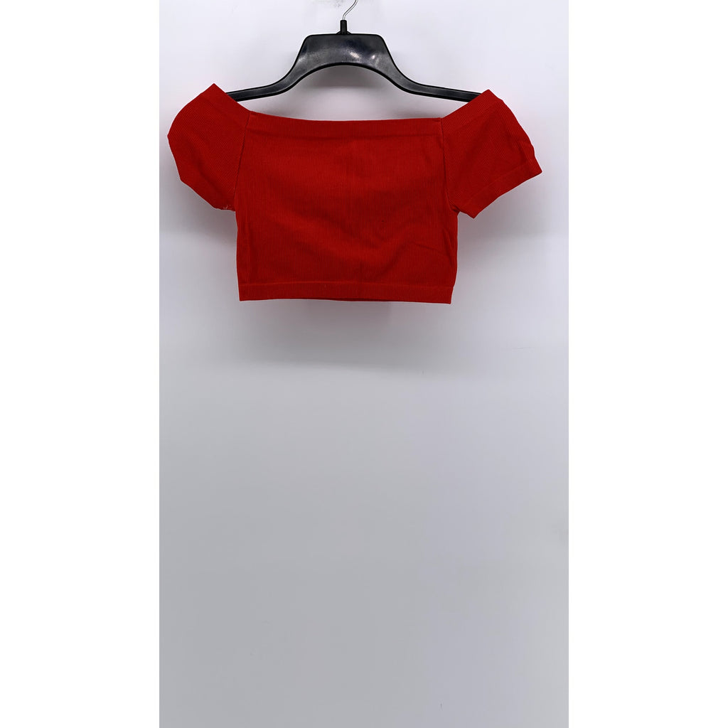 PAPAYA Women's Red Ribbed Off-The-Shoulder Cropped Top SZ S/M