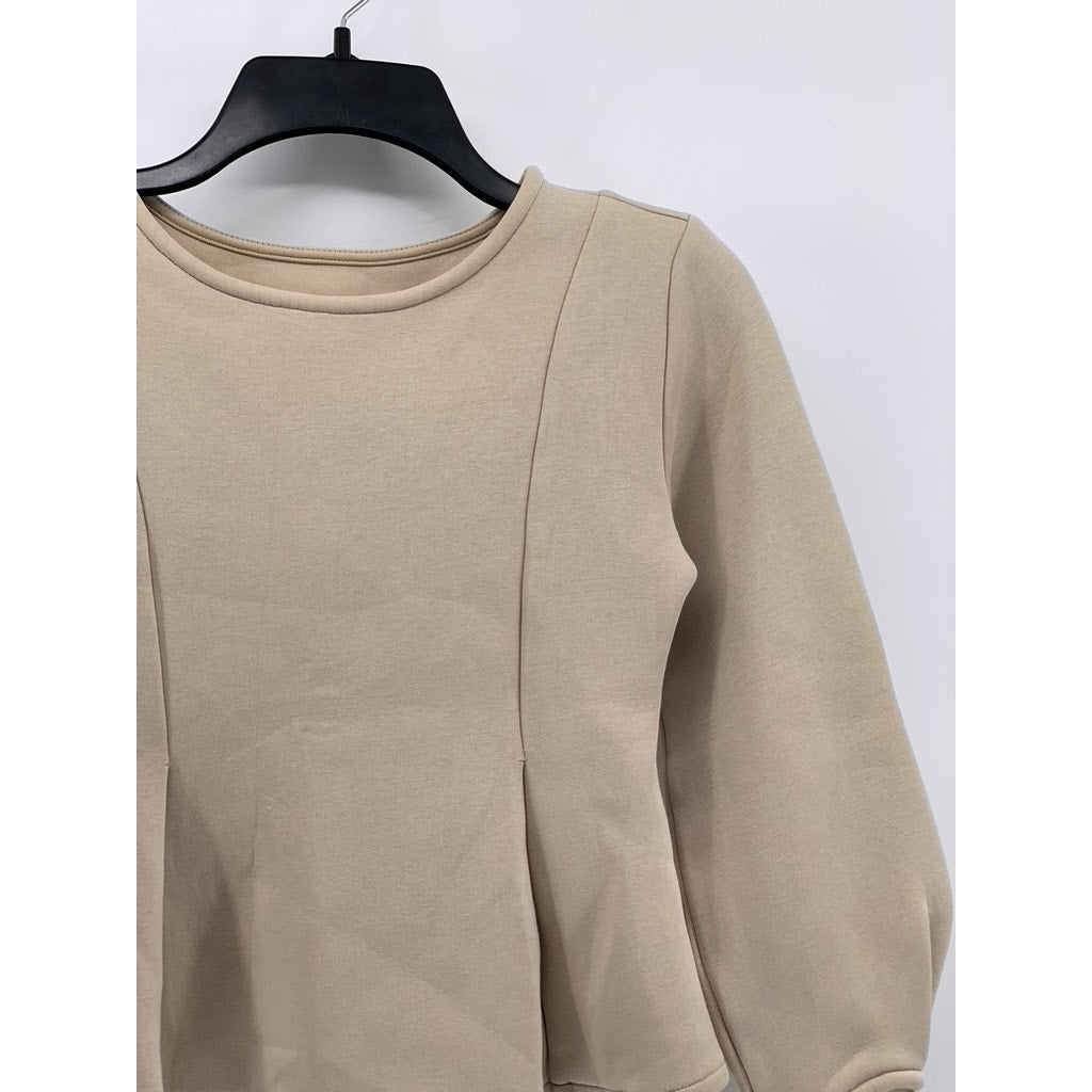 SISVEIL Women's Beige Crewneck Long Sleeve Ruffle Pleated Sweater Top SZ S