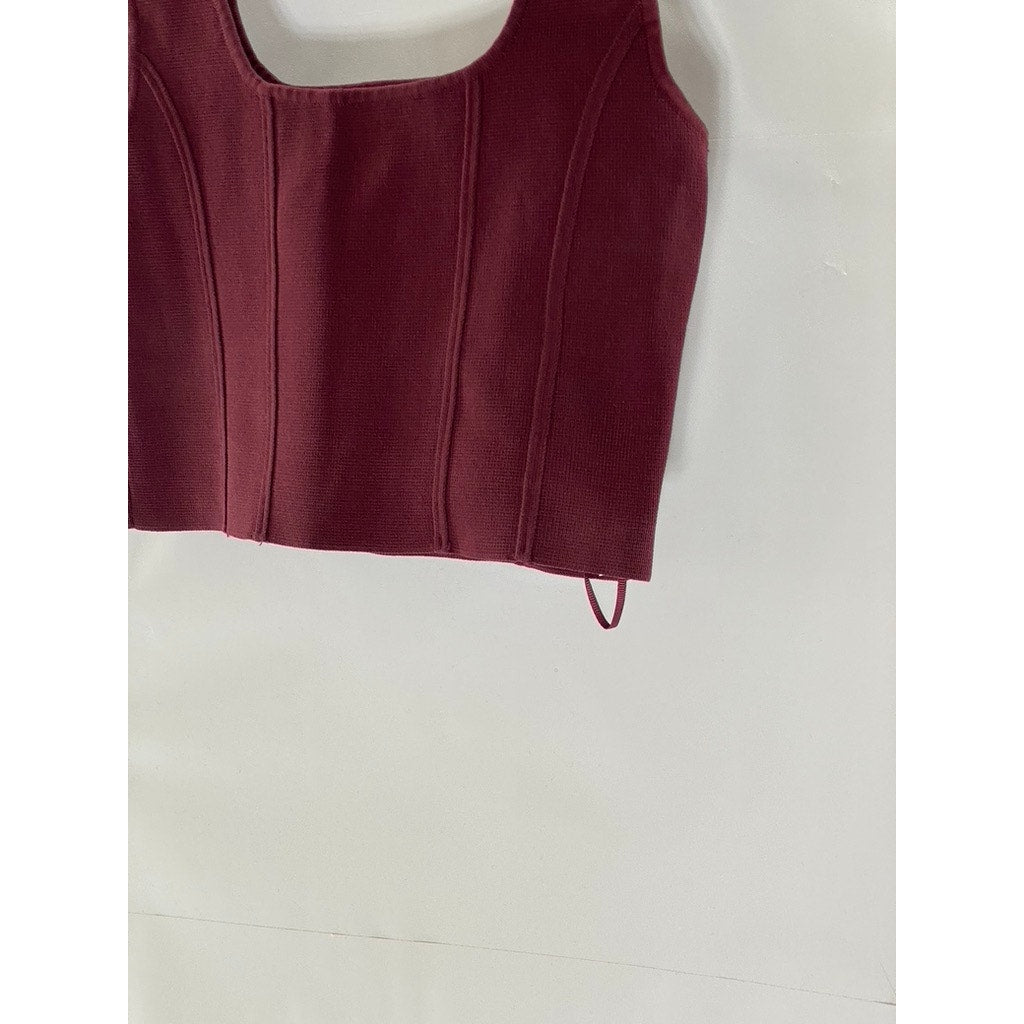ZARA Women's Burgundy Textured Square-Neck Thick Strap Fitted Crop Top SZ S