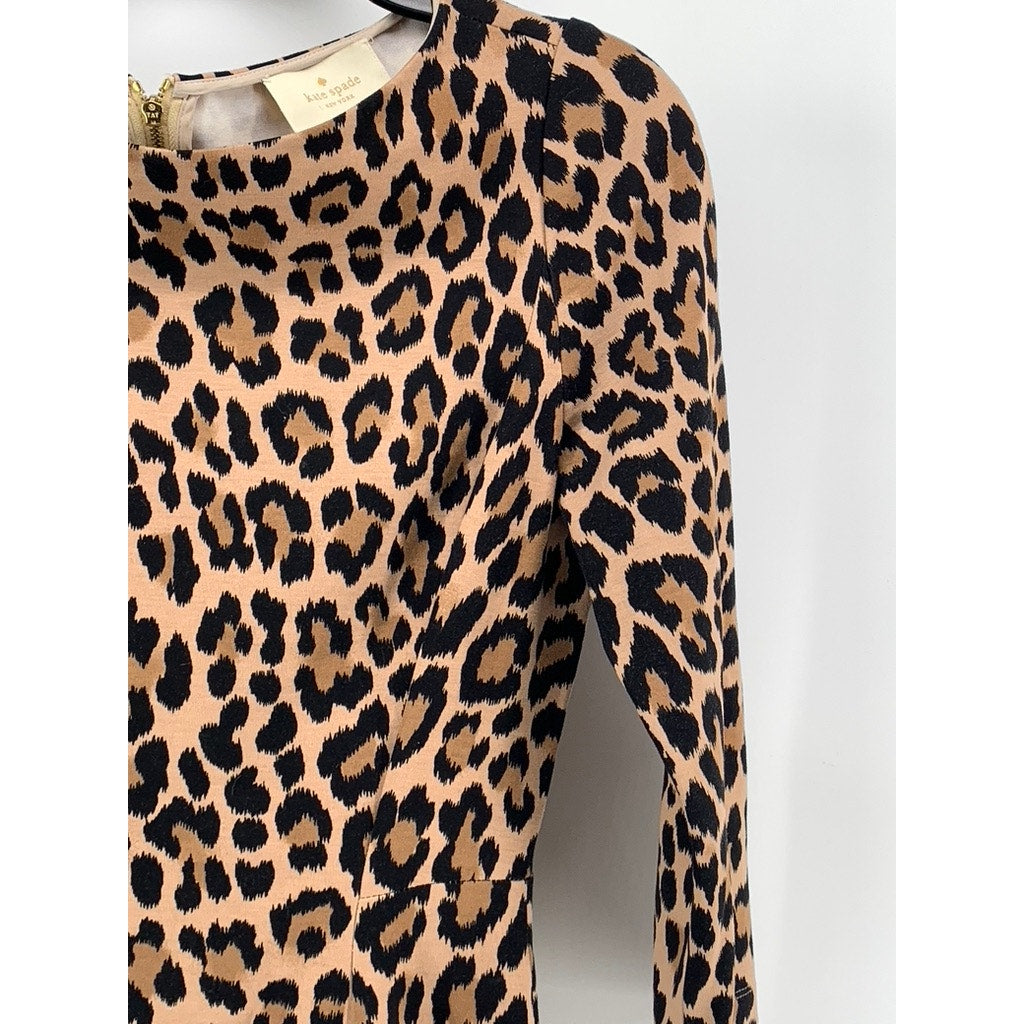 KATE SPADE Women's Brown Leopard Print 3/4 Sleeve Fit & Flare Mini Dress SZ 4
