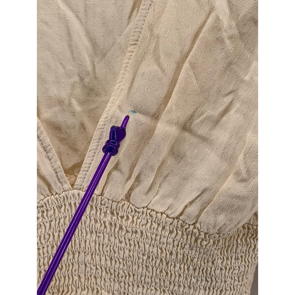 URBAN OUTFITTERS Women's Beige Ruth V-Neck Smocked Long Sleeve Cropped Top SZ M