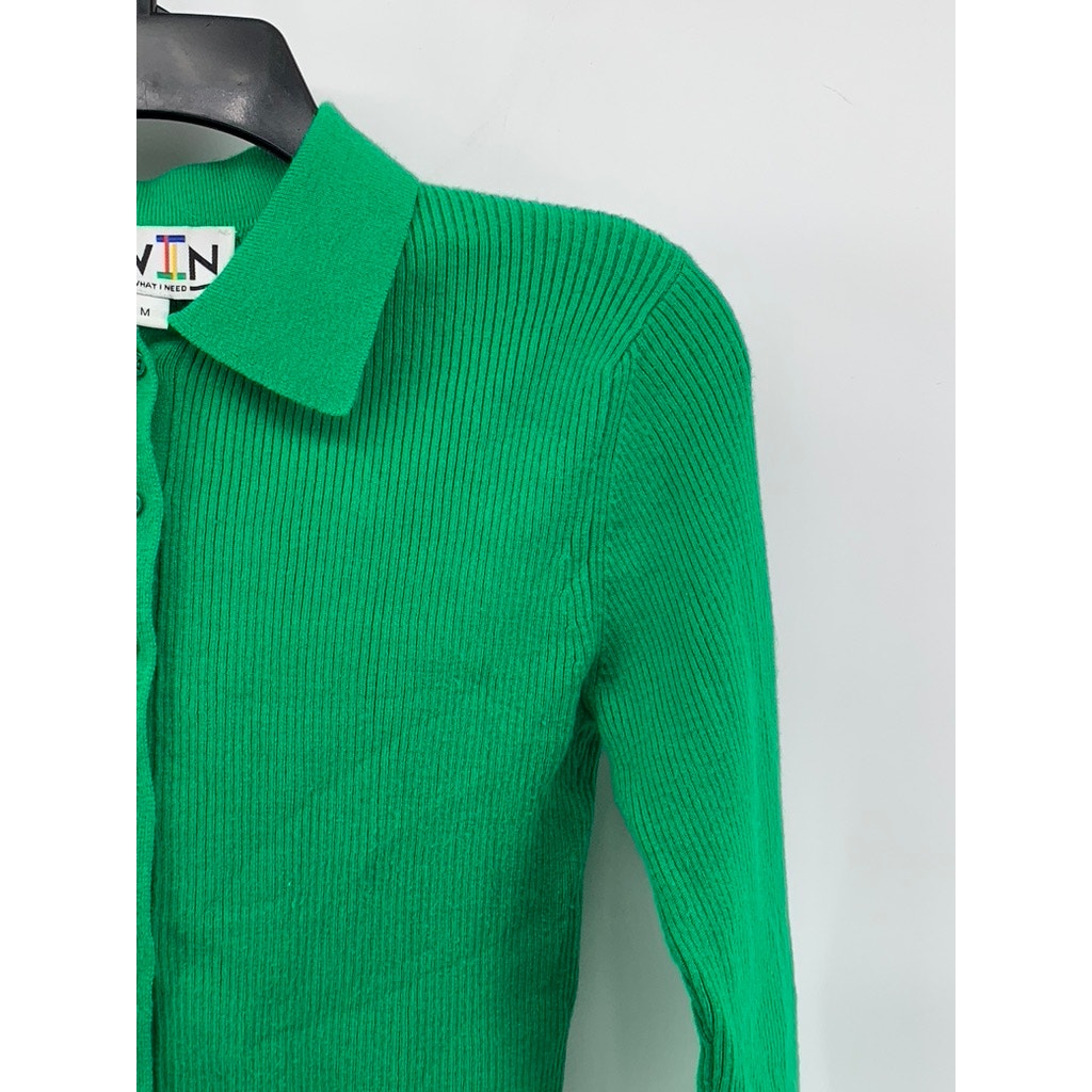 TWIN Women's Dark Green Ribbed Button-Up Long Sleeve Cropped Top SZ M