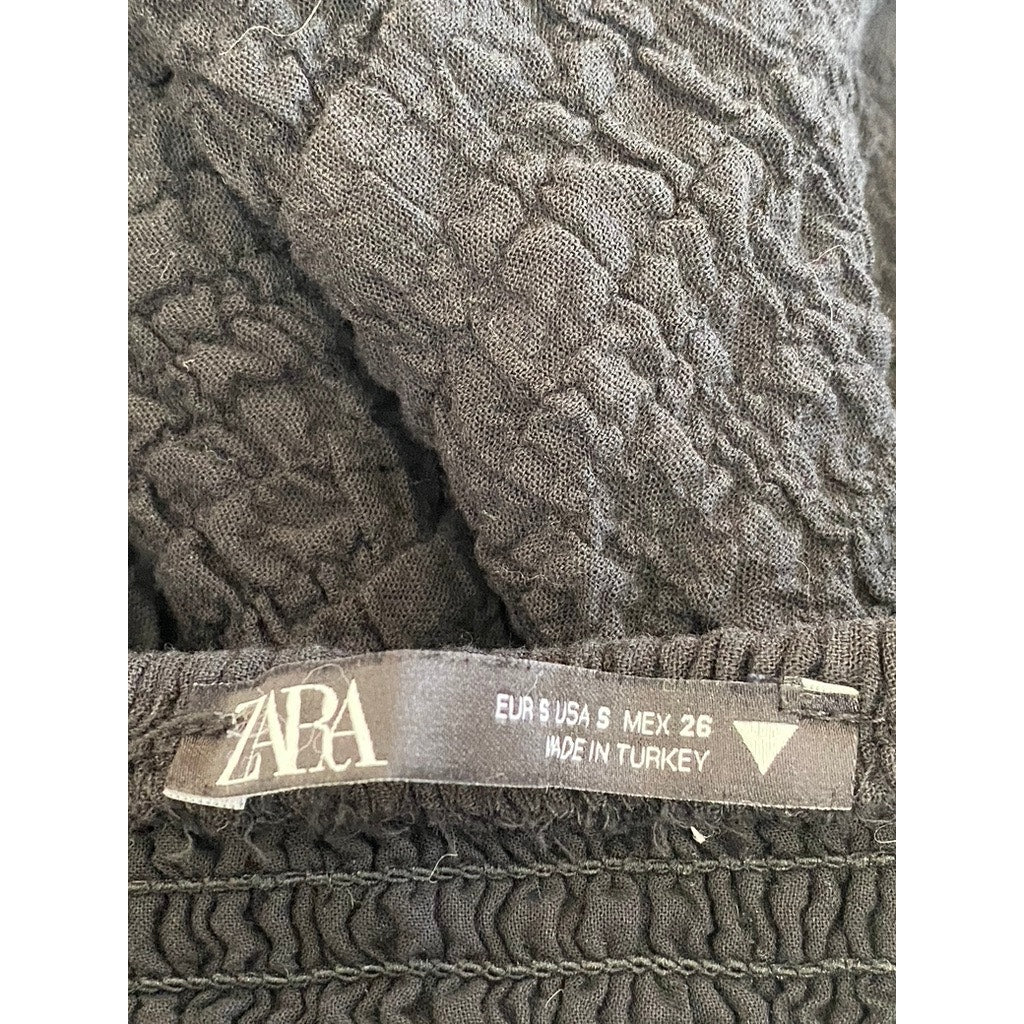 ZARA Women's Black Textured Straight-Neck Spaghetti Strap A-Line Mini Dress SZ S