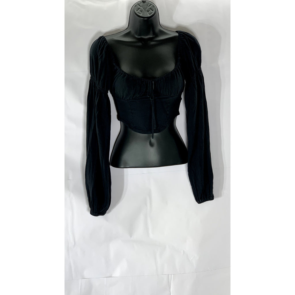 URBAN OUTFITTERS Women's Black Sweetheart-Neck Long Sleeve Cropped Top SZ S