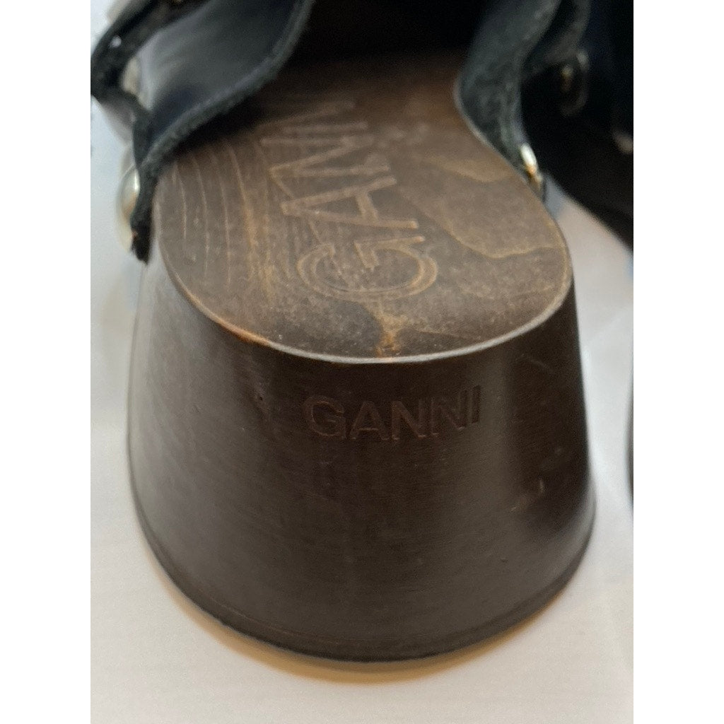 GANNI Women's Black Leather Retro Studded Slip-On Clog SZ 39(US9)