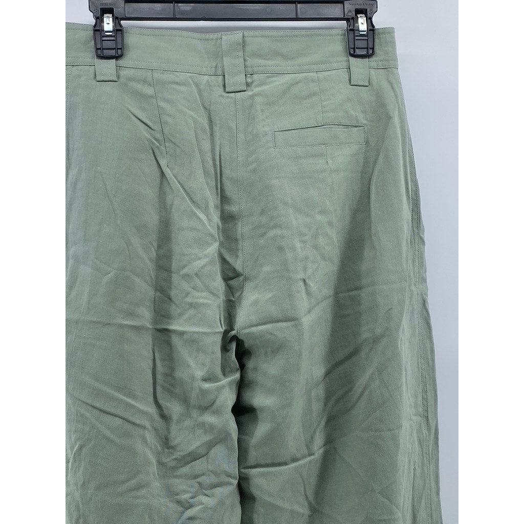 KURT LYLE Women's Green Linen-Blend Pleated Straight-Leg Relaxed-Fit Pant SZ S