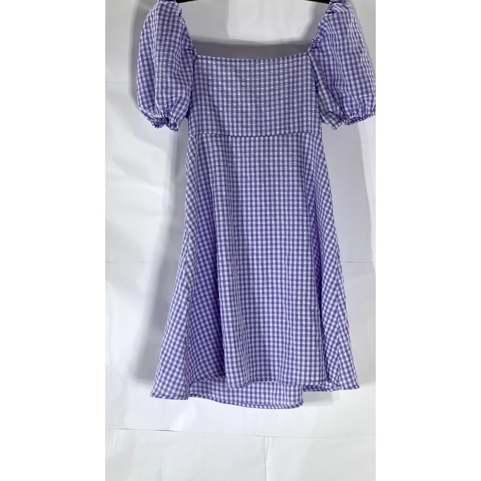 H&M Women's Purple-White Gingham Tie-Front Cutout Puff-Sleeve Mini Dress SZ XS