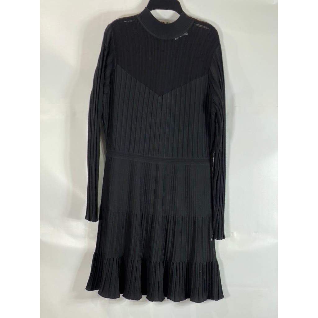 REISS Women's Clemmy Black Pleated Long Sleeve A-line Illusion Dress SZ L