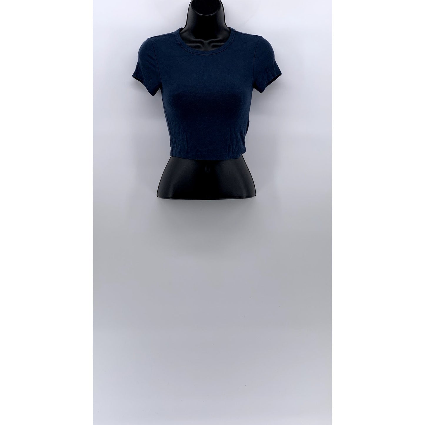 ZARA Women's Dark Blue Rib Knit Crewneck Short Sleeve Cropped T-Shirt SZ S