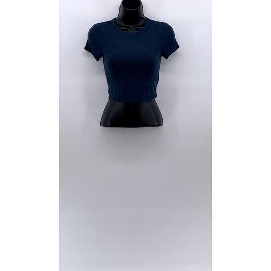 ZARA Women's Dark Blue Rib Knit Crewneck Short Sleeve Cropped T-Shirt SZ S