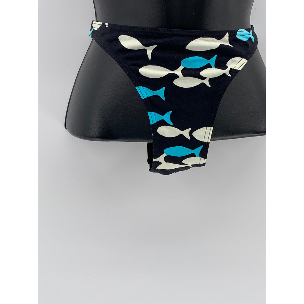 SUN & BLUE Women's Blue-Black Fish Print V-Neck 2pc Bikini SZ S