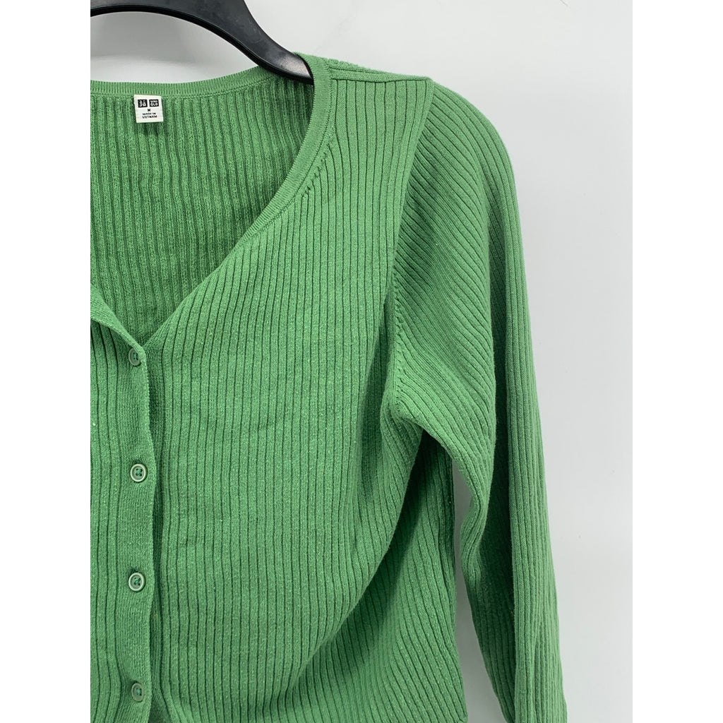UNIQLO Women's Dark Green Ribbed UV Protection Button-Up Cropped Cardigan SZ M