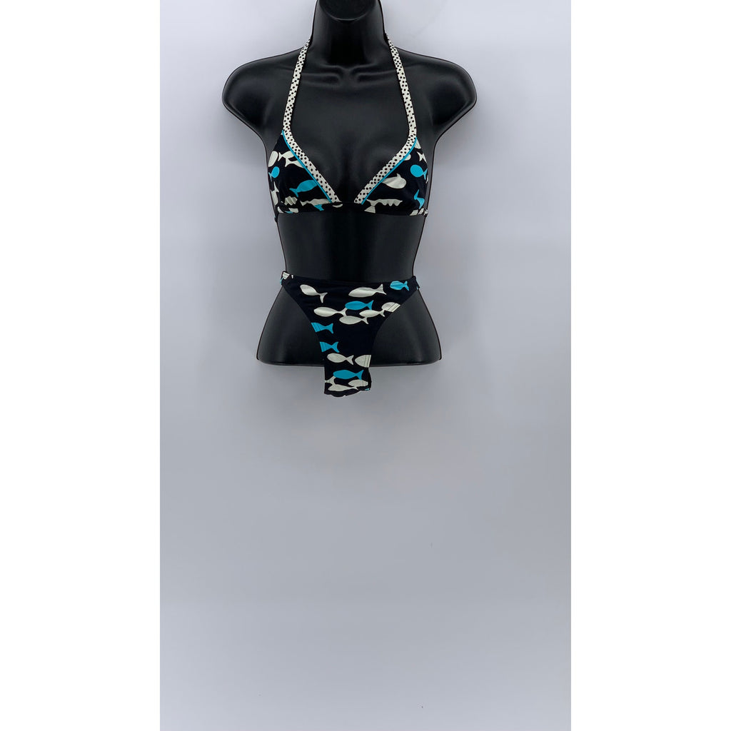 SUN & BLUE Women's Blue-Black Fish Print V-Neck 2pc Bikini SZ S
