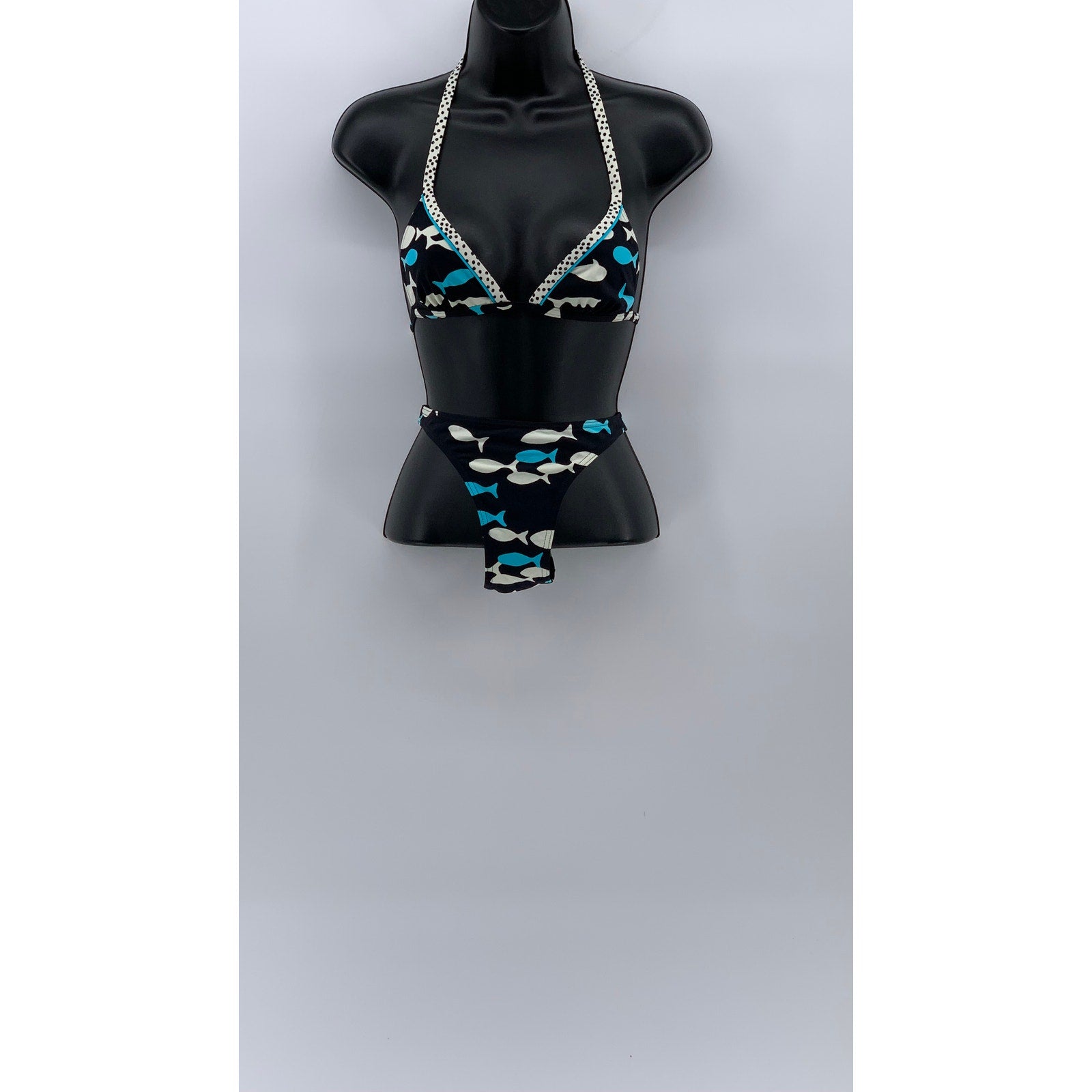 SUN & BLUE Women's Blue-Black Fish Print V-Neck 2pc Bikini SZ S
