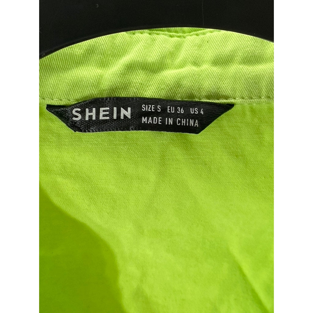 SHEIN Women's Bright Green Denim Cropped Short Sleeve Button-Up Top SZ S