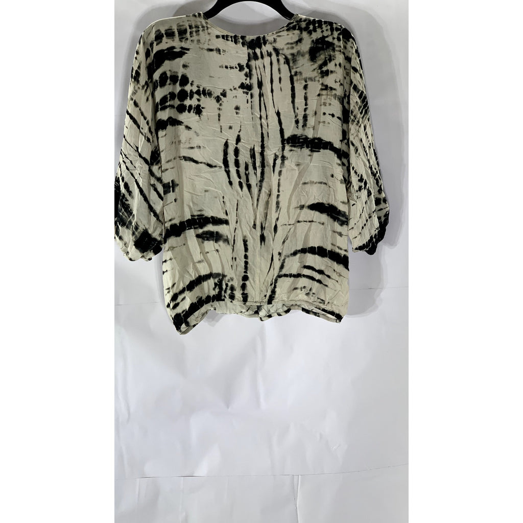 FORVER 21 Women's Beige-Black Surplice Tie-Dye Short Sleeve Relaxed-Fit Top SZ S