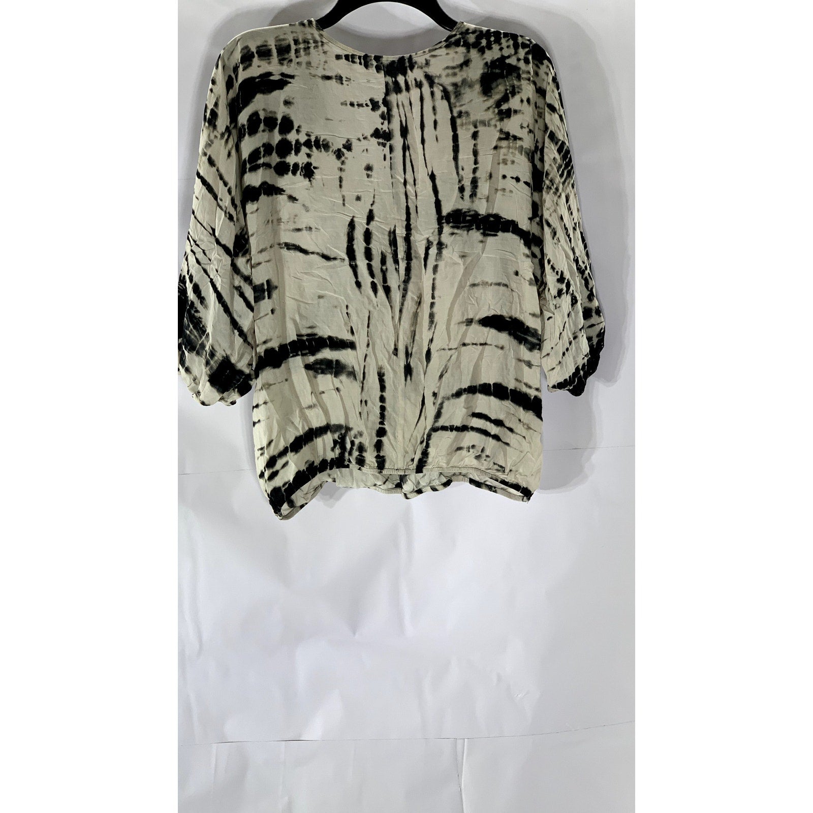 FORVER 21 Women's Beige-Black Surplice Tie-Dye Short Sleeve Relaxed-Fit Top SZ S