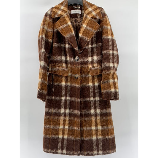 CALVIN KLEIN Women’s Brown Plaid Single Breast Two-Button Wool-Blend Coat SZ 2